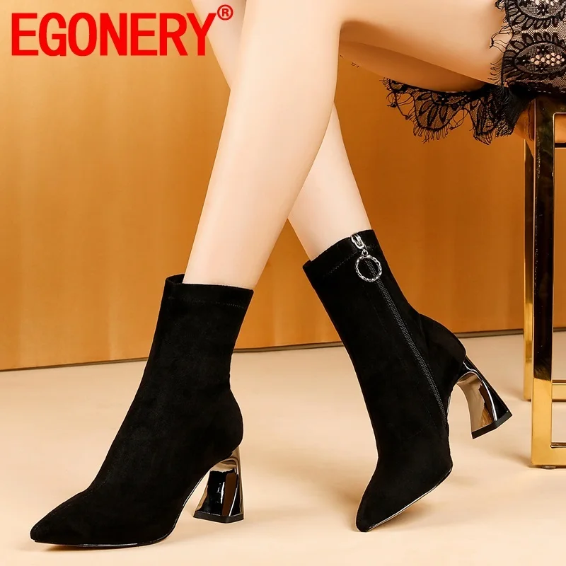 

EGONERY winter new fashion ankle boots outside warm super high heels zip pointed toe flock women shoes drop shipping size 33-44