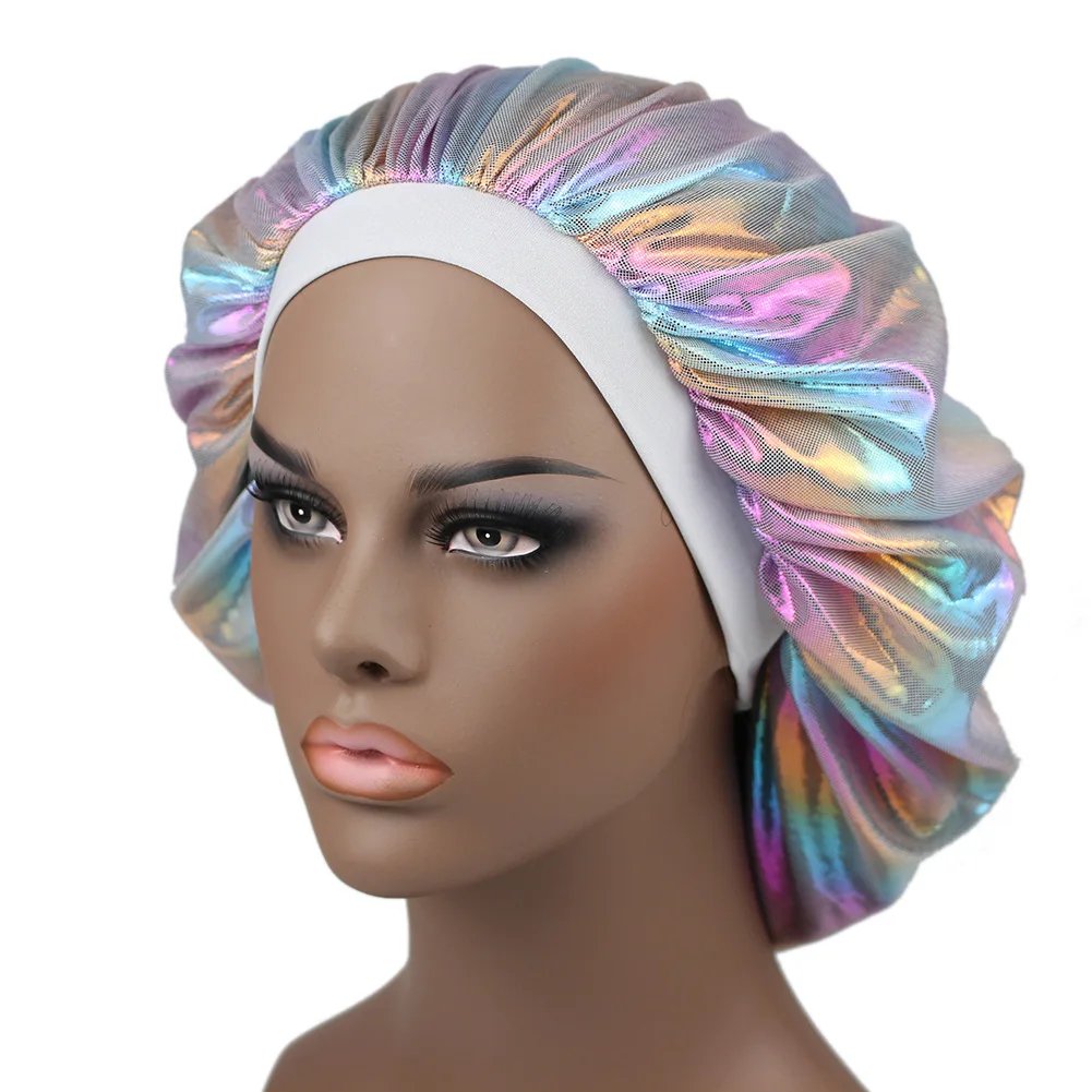 Women Laser Sleep Cap Soft Silk Satin Night Sleep Cap Shower Caps Hair Bonnet Hat Head Cover Wide Elastic Band Hair Loss Cap
