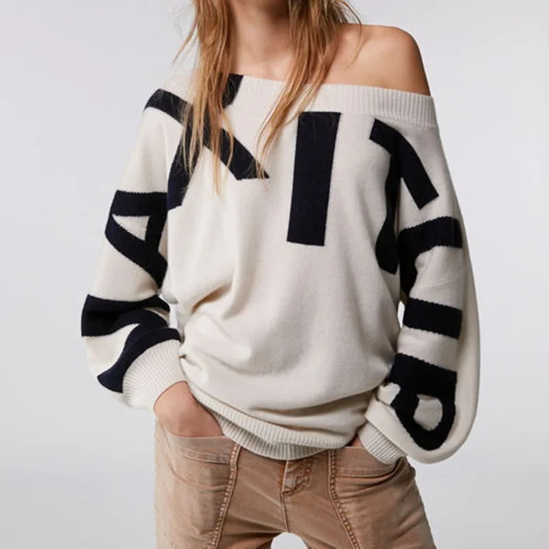 

Women's White Knitted Sweater One-Shoulder Letter Long Sleeve Loose Pull Top 2019 Autumn and Winter
