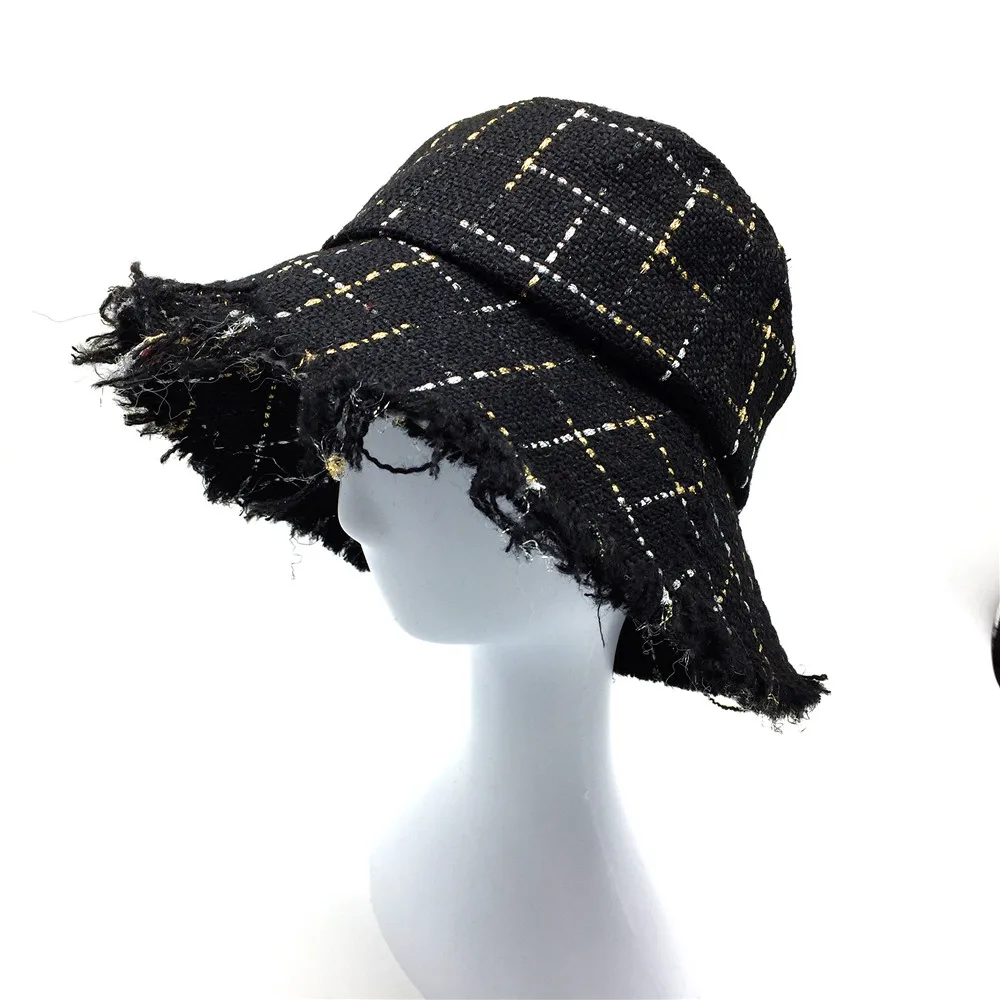 

Women Plaid Tweed Bucket Hat with Gold and Silver Lurex Ladies Girls Black Checks Hats with Raw Edges Female Warm Winter Hats