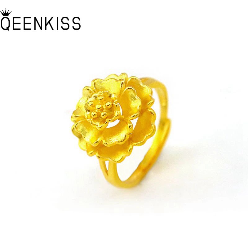 

QEENKISS 24KT Gold Flower Ring For Women Adjustable Peony Ring Fine Wholesale Jewelry Wedding Party Bride Ladies Girl Gift RG514