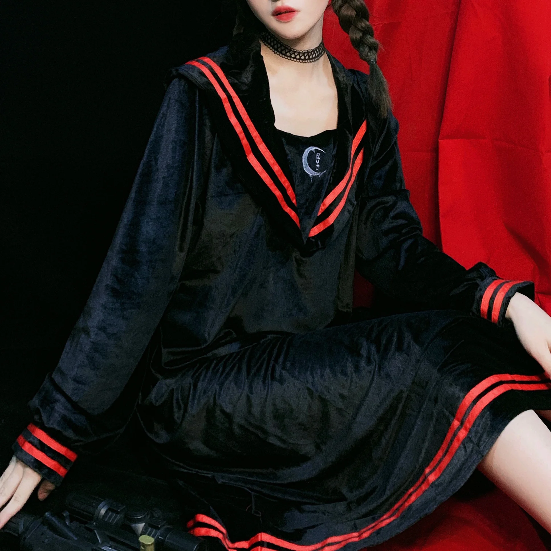 

Ruibbit Autumn Winter Harajuku Vintage Striped Velvet Uniform College Fashion Loose High Quality Female Black Long Skirts
