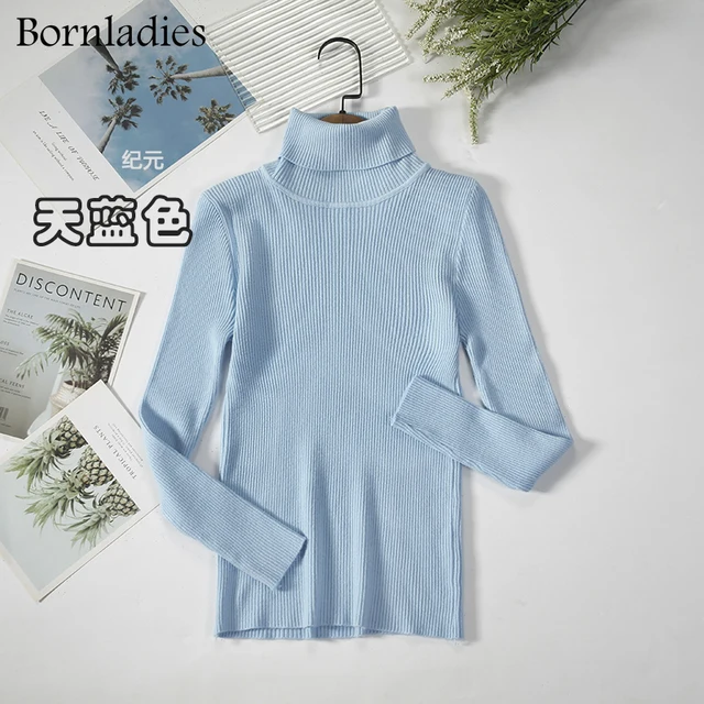 Bornladies 2021 Basic Turtleneck Women Sweaters Autumn Winter Tops Slim Women Pullover Knitted Sweater Jumper Soft Warm Pull sky blue