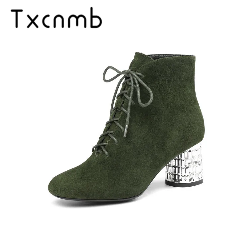 

TXCNMB Winter Suede Leather Boots Women Ankle Boots Round Toe High Heels Chelsea Boots Short Boots Party Shoes Woman