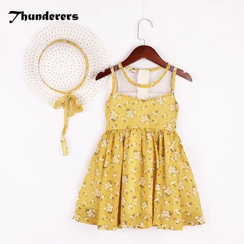 

Girls Dress Sleeveless Summer Yellow Floral Lace Dress With Hat For Baby Girl Vacation Beach Dress Kids Children Casual Clothing