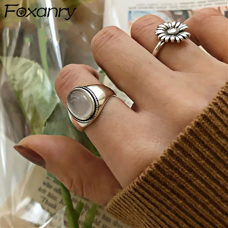 Foxanry silver color couples rings for women trendy vintage handmade white agate elegant wedding party jewelry gifts silver ring wedding rings