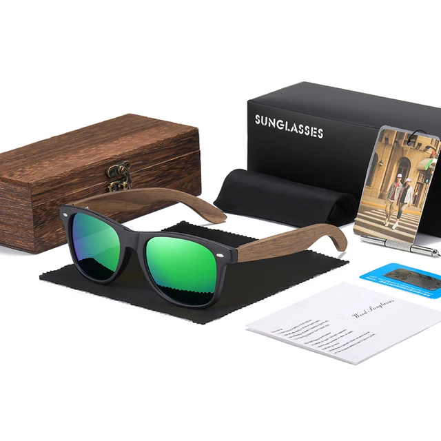 GM Brand Walnut Wooden Polarized Men's Sunglasses Square Frame Sun glasses Women Sun glasses Male Oculos de sol Masculino S7061h Green Square Box