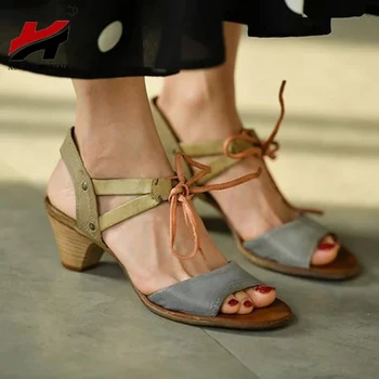 

NAN JIU MOUNTAIN Women's Sandals New Products Bandage Mid-heeled Open-toe Colorblock Fashion Shoes Women's Shoes Plus Size