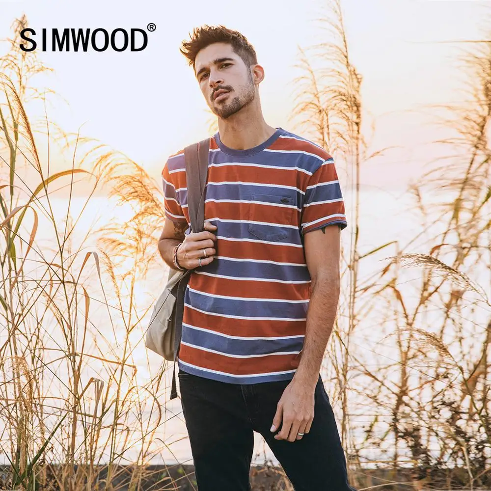 Мужская полосатая футболка SIMWOOD винтажный Топ красного синего цвета с карманами