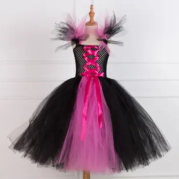 

Maleficent Costume For Girl TUTU Party Dress Halloween Child Evening Evil Queen Witch Cosplay Frock Kid Up Wedding Disguise Bow