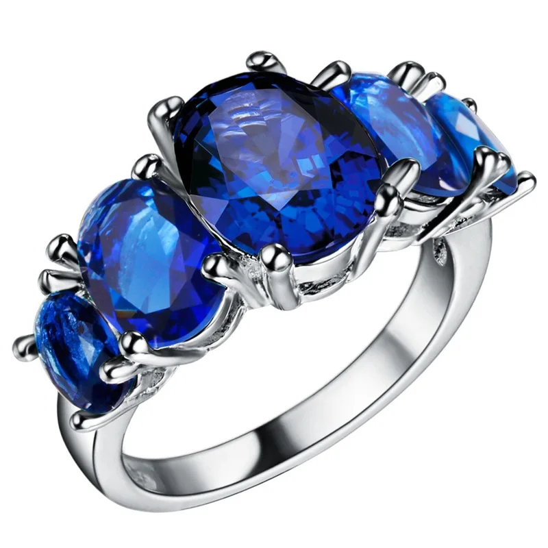 Целлюлозное классическое Серебро 925 Ювелирное кольцо с камнями для женщин Аметист Сапфир рубиновый изумруд порошок Кристал для свадьбы, помолвки - Цвет камня: royal blue