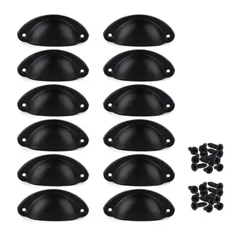 

12Pcs Door Drawer Cabinet Iron Shell Cup Semicircle Handle Pull Knob With Screws 8.1Cmx3.2Cm (Black)