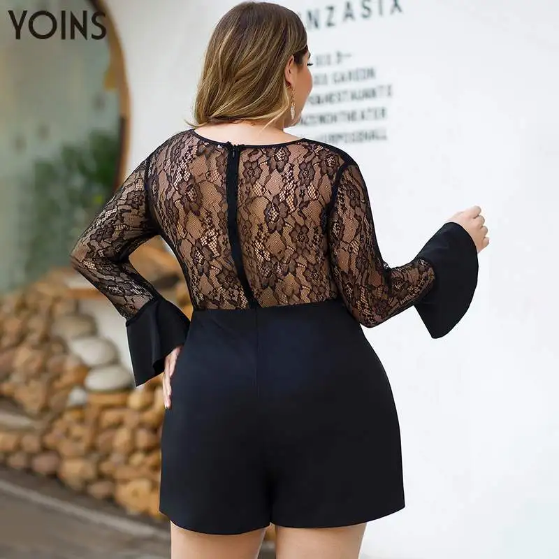 YOINS для ночного клуба, пикантные, с низким вырезом на спине с v-образным вырезом кружевное платье с расклешенными рукавами комбинезоны Повседневное Для женщин боди-комбинезоны размера плюс женского тела Топы