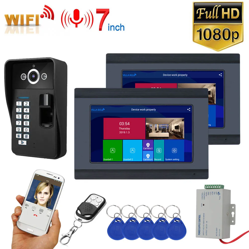 7 inch 2 Monitors Wifi Wireless Fingerprint RFID Video Door Phone Doorbell Intercom System with Wired AHD 1080P Door Access