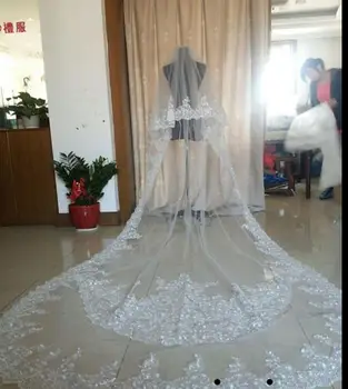 

Best Selling Luxury Wedding Veils Three Meters Long Veils Lace Applique Crystals Two Layers Cathedral Length Cheap Bridal Veil