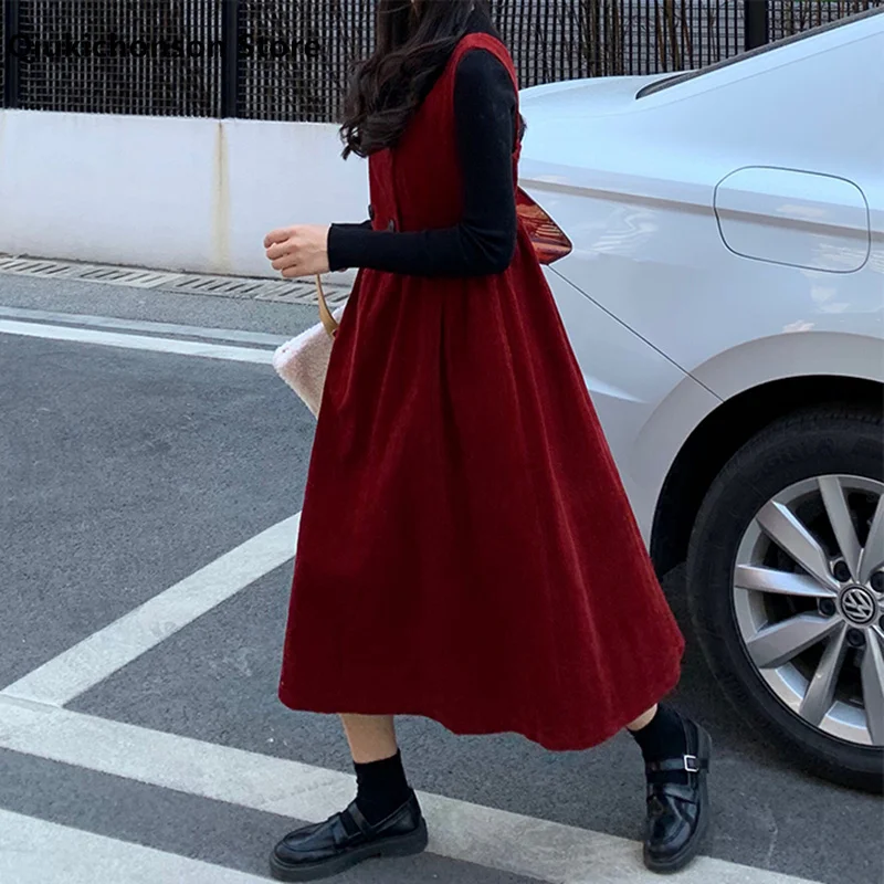 Autumn Winter Women Long Midi Suspender Skirt Korean Style Vintage Double-Breasted High Waist Corduroy Skirts School Girl Jupe