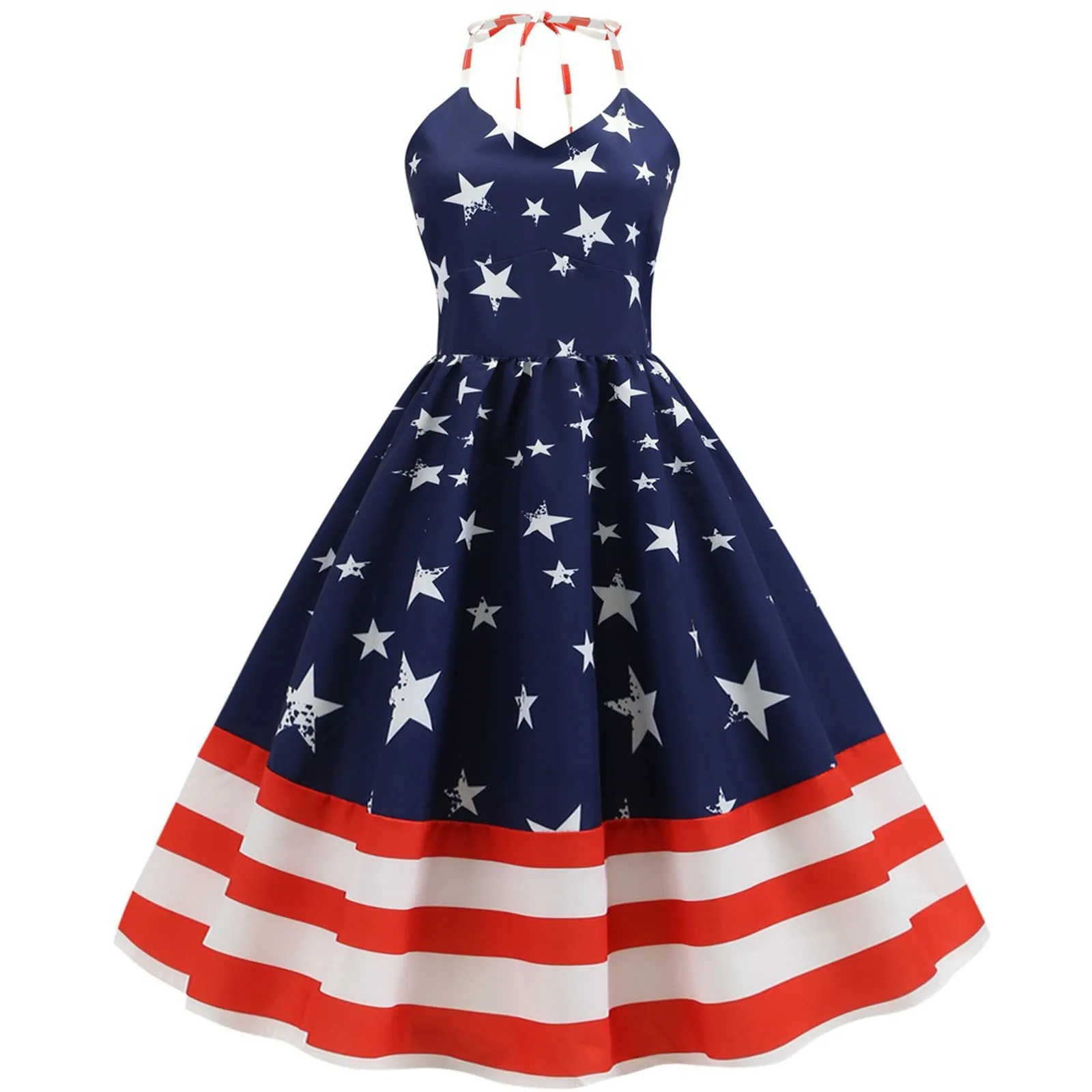 2021 Women's Sleeveless Independence Day Black Ribbon Waist Gathering Big Hem Dress Ladies halter neck and knee length Vestido 2