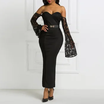 

Sexy Black Dress Elegant Off The Shoulder Long Sleeves Lace Sheath Ankle Length Women Night Club Bodycon Party Dresses