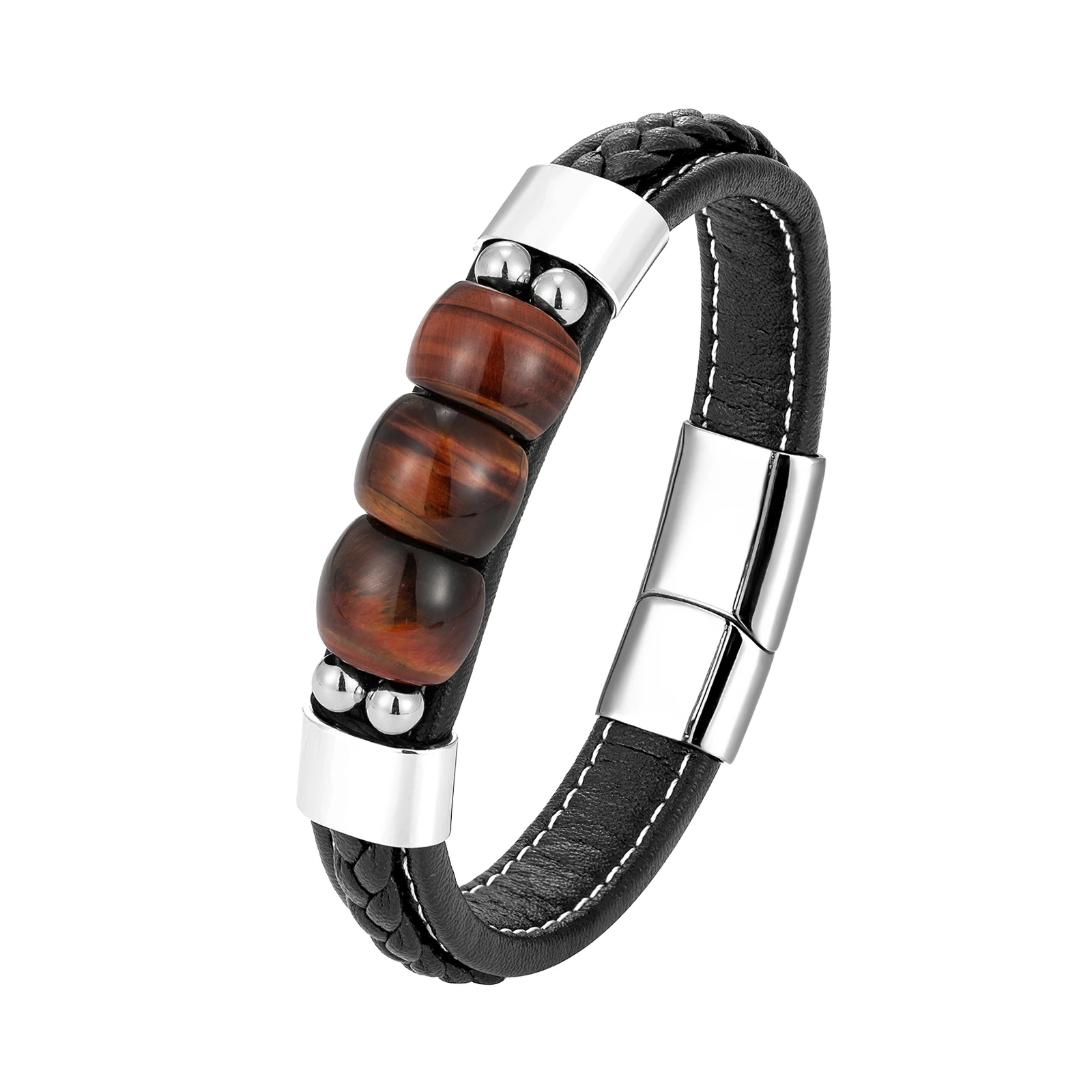 Natural Red Tiger Eye 3 Lucky Charm Jewelry Bracelet 316L Stainless Steel Leather Cord Men's Bracelet OL Style charm bracelet