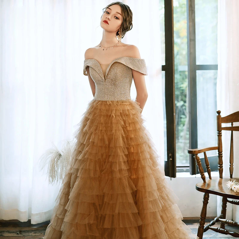 SSYFashion/Новинка; роскошное вечернее платье цвета шампанского; романтическое длинное многослойное платье принцессы с блестками; торжественное платье; Vestidos De Noche