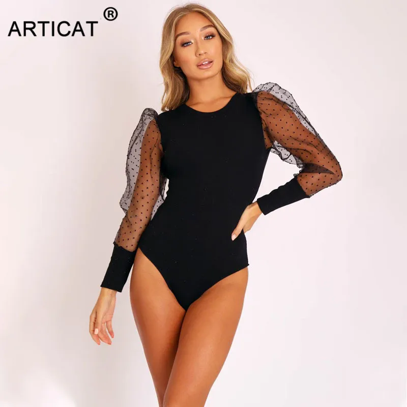 Articat Puff Sleeve Lace Bodysuit Women Tops Autumn Long Sleeve Bodycon Rompers Womens Jumpsuit Skinny Basic Slim Sexy Bodysuits