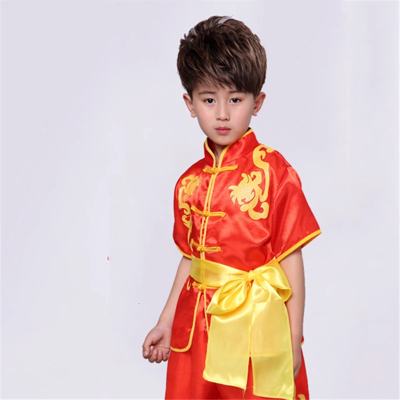Traditional Chinese Style Kung Fu Wushu Clothing Kids Stage Party Performance Team Dance Wear Hanfu Tai Chi Competition Uniforms - Цвет: Red short
