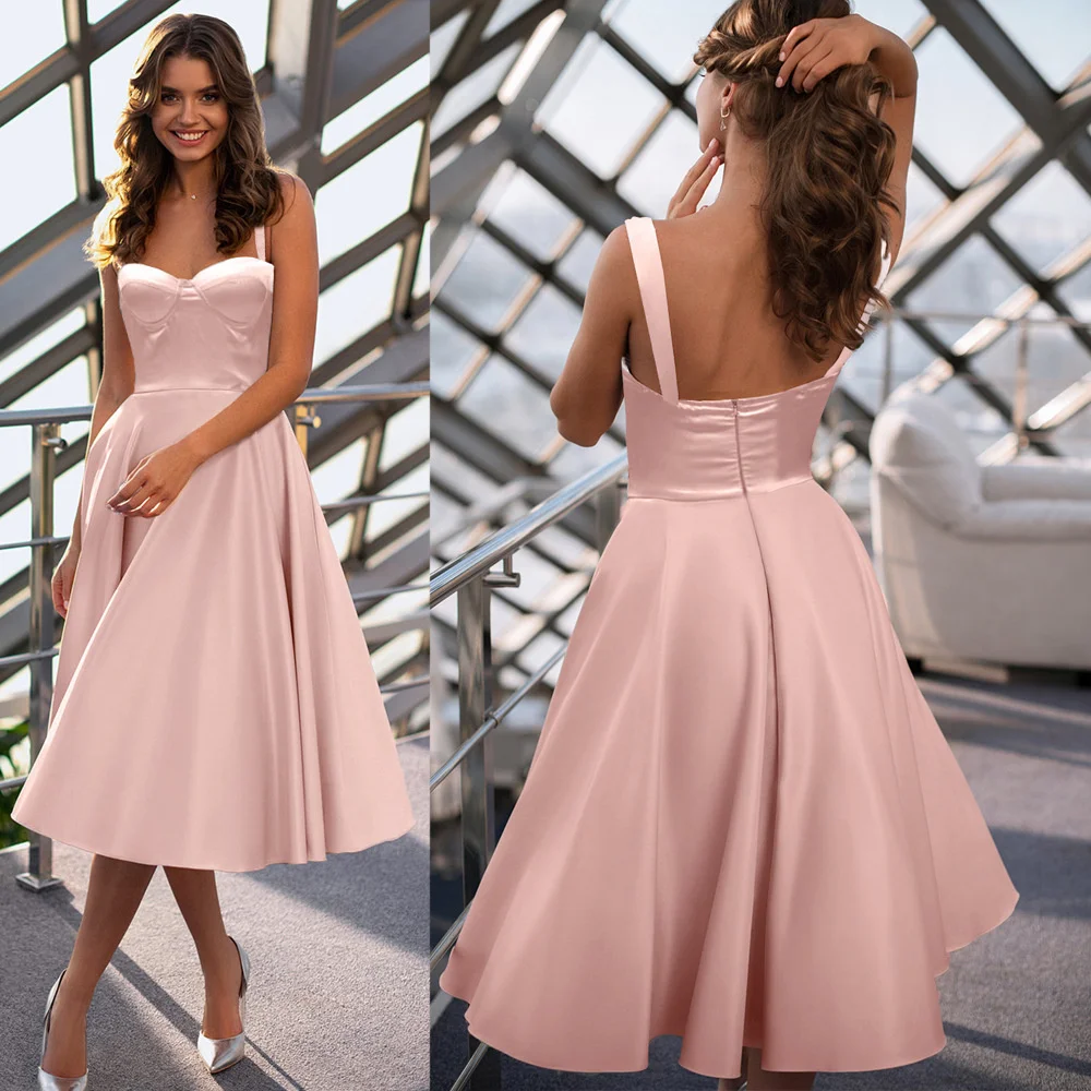 MisShow Sexy Solid Pink Satin Midi Women Dress Spaghetti Straps Open Back Night Club Party Dresses Female Robe De Femme | Женская одежда