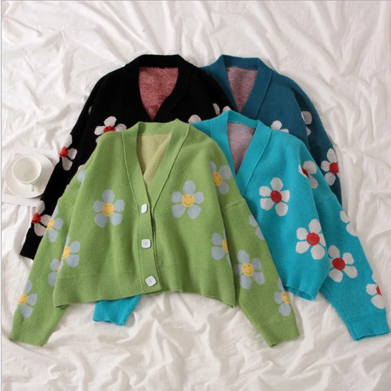 

Women's Korean Style Floral Printing V-neck Knitted Cardigans Female Casual Oversized All-match Sweater One Size