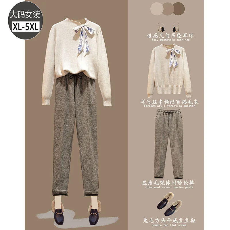 

Autumn And Winter New Style 2019 Large Size Dress Large GIRL'S Half-Turtle-Neck Scarf Fashion Sweater Woolen Pants Two-Piece Wom