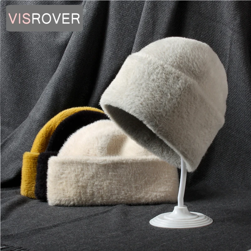 

VISROVER 4 colorways unisex Autumn winter solid color mink hair beanies best matched New cashmere man woman Warm skullies Gift