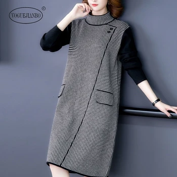 

Houndstooth knitted dress 2019 new ladies clothes womens loose medium long bottomed knee length office sweater dress sukienka