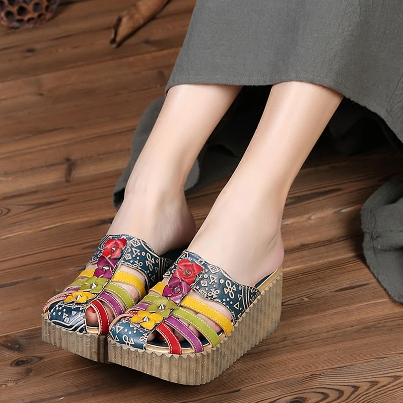 

Flower Sandals Genuine Leather Shoes Woman Handmade Slides Flip Flops Platform Clogs for Women Sandals Plus Size Wedges Slippers