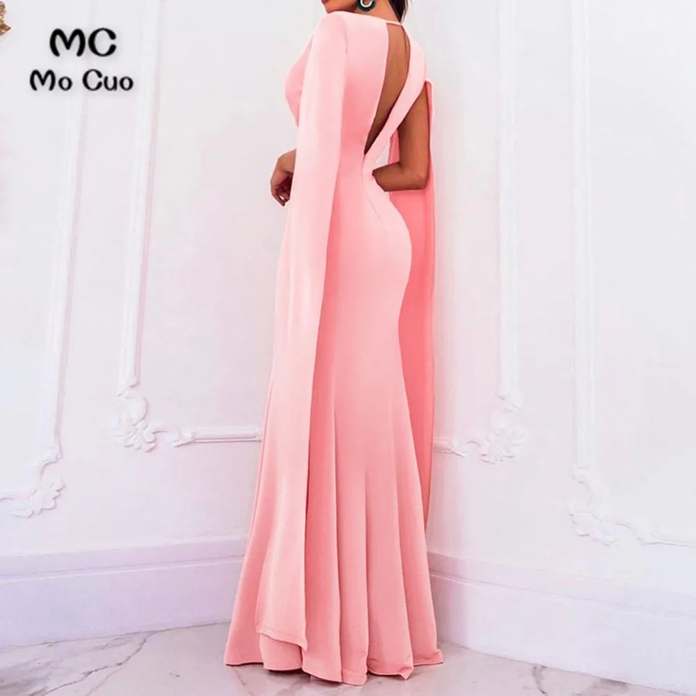 Pink V Neck Long Sleeves Long Prom Dresses,Elegant Mermaid Floor Length Party (1)
