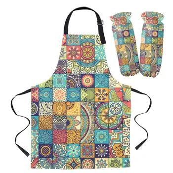 

Apron Kit Vintage Multigrid Pattern Kitchen Bib Oven Mitts for Cooking Gardening Woman Kids Aprons Cuff Baking Accessories