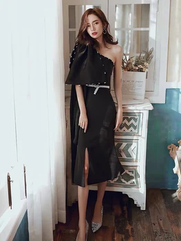 

Asia Noble Prom Dresses One Shoulder Mermaid Pearl Beading Formal Evening Party Dress Black Big Bow Sexy Celebrity Dress Fashion