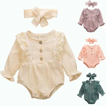 

0-24M Newborn Infant Baby Girl Rompers Soft Lace Long Sleeve Jumpsuit Playsuit Autumn Spring Solid Baby Girl Costumes
