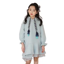 Детское платье с капюшоном и длинными рукавами для девочек коллекция года, новая модная детская одежда на осень и зиму хлопковое кружевное платье с расклешенными рукавами