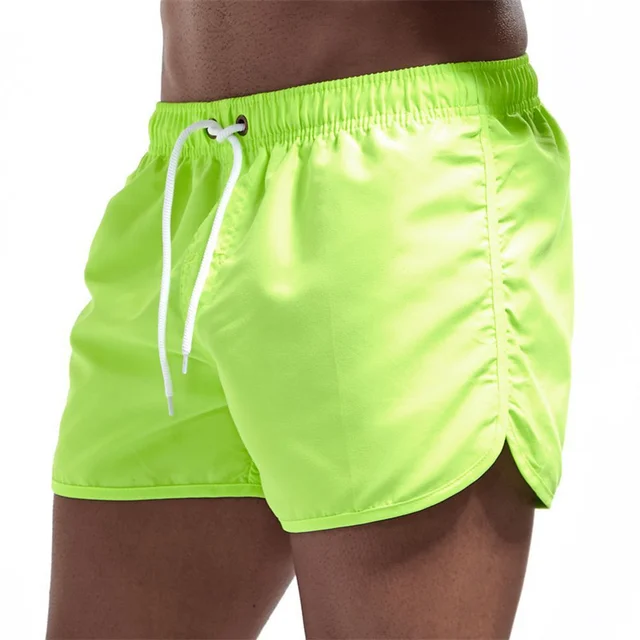 New Men's Summer Swimwear Solid Color Beach Board-shorts Swimsuits Running Sports Casual Breathable Homme Short Pants Green