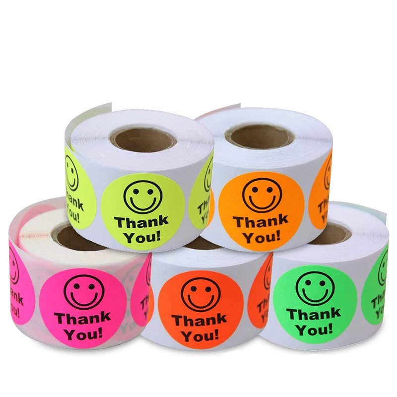 5 Color/Set Thank You Sealing Sticker Fluorescence Smile Label Phone Decorative Stickers DIY Gift Package Labels Diameter 3.5cm