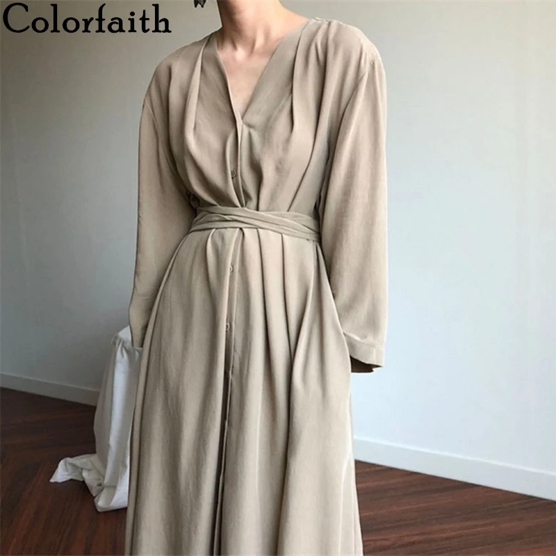 Женское платье на шнуровке Colorfaith, винтажное длинное платье большого размера с пуговицами и v образным вырезом, Осень зима 2020|Платья|   | АлиЭкспресс