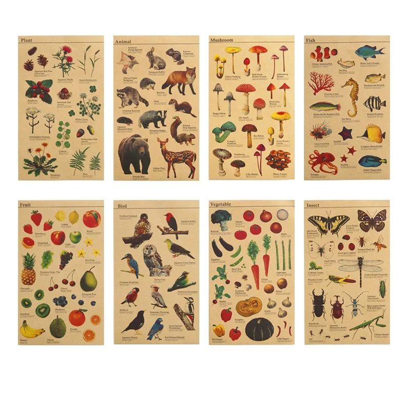 

Kraft Stickers Set Animal Plant Fruit Fish Vegetable Plant Insect Mushroom Learning Marker Sticker Diary Decoration School 6132