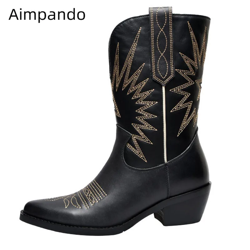 

Winter Chic Sewing Boots Woman Block Med Heel Slip On Shopping Bottes Point Toe Beige Genuine Leather Comfy Boots Woman Feminine