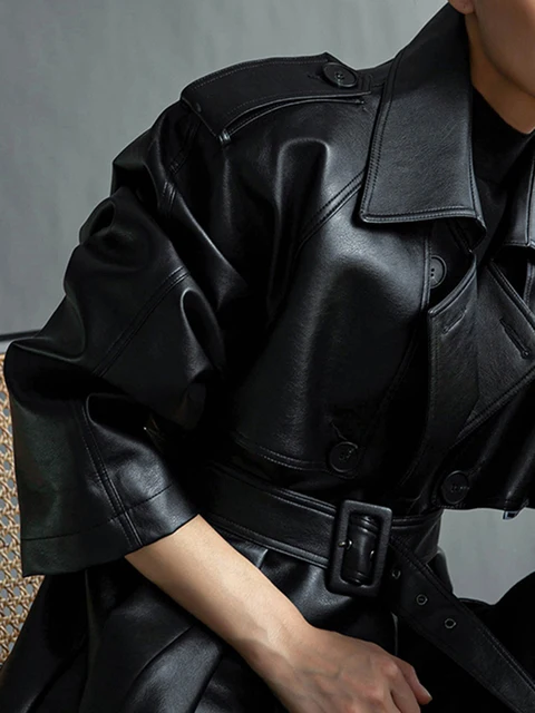 Extra Long Oversized Black Faux Leather Trench Coat Women Long Sleeve Belt Double Breasted Loose Coat