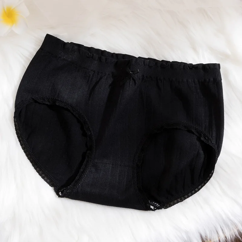 Черный Bow Panties New Seamless Brief Women's Underwear Elastic Comfortable Color Bow Breathable Antibacterial Ruffles Panties Women - Цвет: Черный