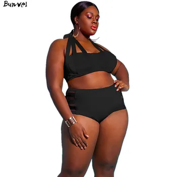 

bunvel XL-4XL Sexy Summer Beach Wear Plus Size Swimming Suit Sexy Black Halter Cut Out Bandage Women Push Up Bathing Suits 2020