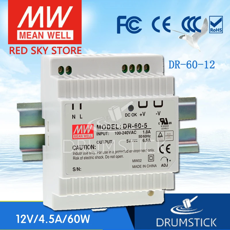 MW Mean Well DR-60-12 12V 4.5A 54W Single Output Industrial DIN Rail Power Supply