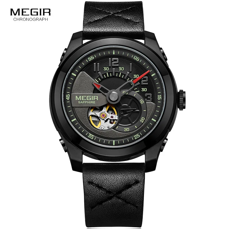 

MEGIR Men's Sports Mechanical Watch Casual Leather Strap Waterproof Hand Wind Mechanical Analogue Wristwatch for Man 62050G-BK-1