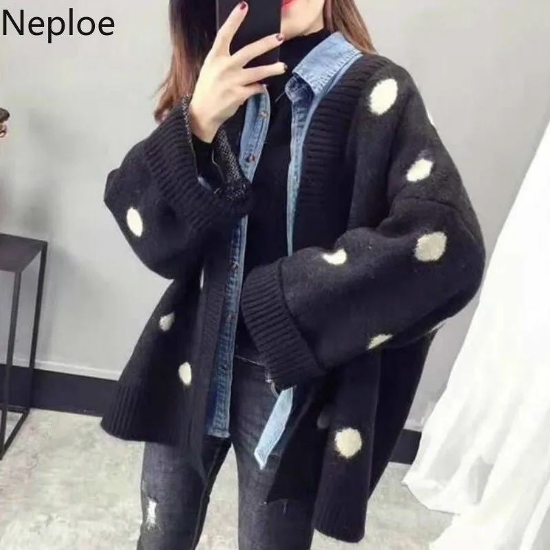 Neploe Корейский темперамент дикий горошек открытый стежка Femme V шеи свободный Hiver толстый кардиган элегантный дизайн новости пальто 45670