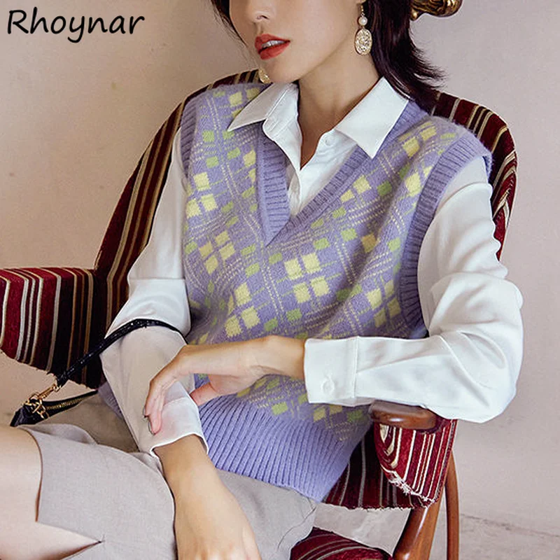 

Sweater Vest Women Knitted Vintage Printed V-neck Loose Temperament Aesthetic Ulzzang Sleeveless College Daily Cozy Girls Chic