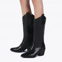 Ковбойские Сапоги на не сужающемся книзу массивном каблуке; Цвет черный, белый; женские модные ковбойские сапоги с острым носком; женские модные удобные сапоги до колена; женская обувь